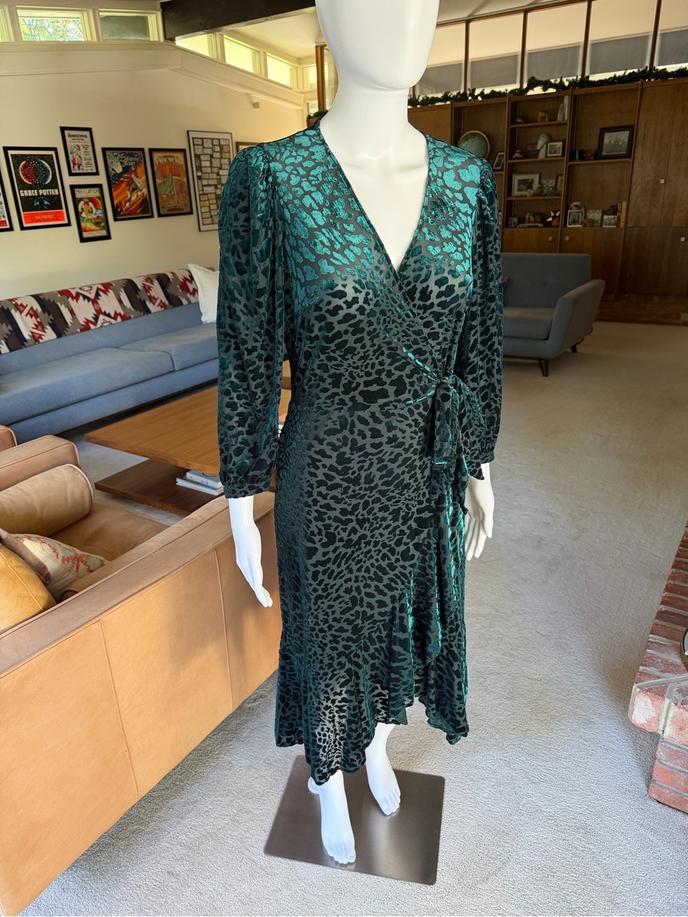 Calvin Klein Teal and Black Animal-Print Wrap Midi Dress